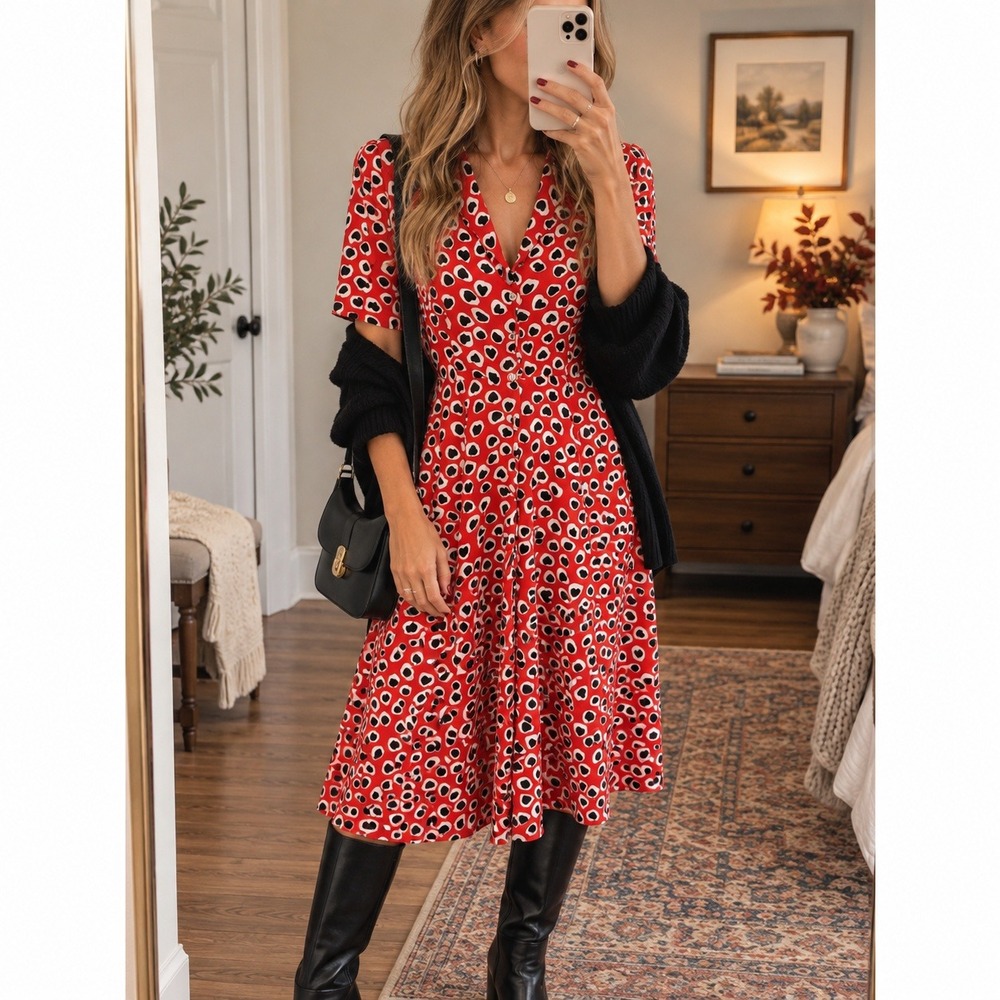 J.Crew Heart Print Short Sleeve Shirt Dress Red Size 4